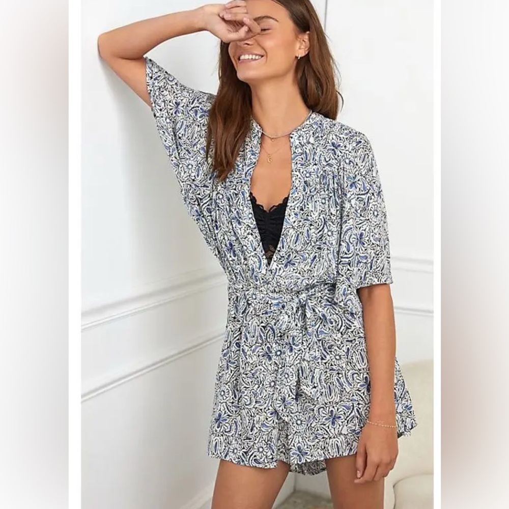 Anthropologie Blue and Black Floral Blouse Romper size Medium